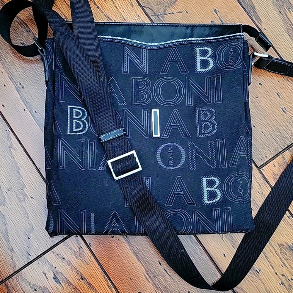 Bonia LOGO Crossbody Bag Black Gray Nylon Leather Trim